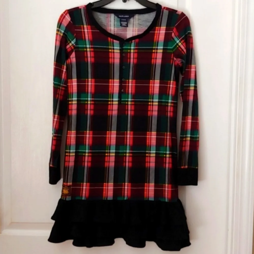 Ralph Lauren Plaid Ruffled Bottom Dress. Size Large 12-14. Holiday. Portrait